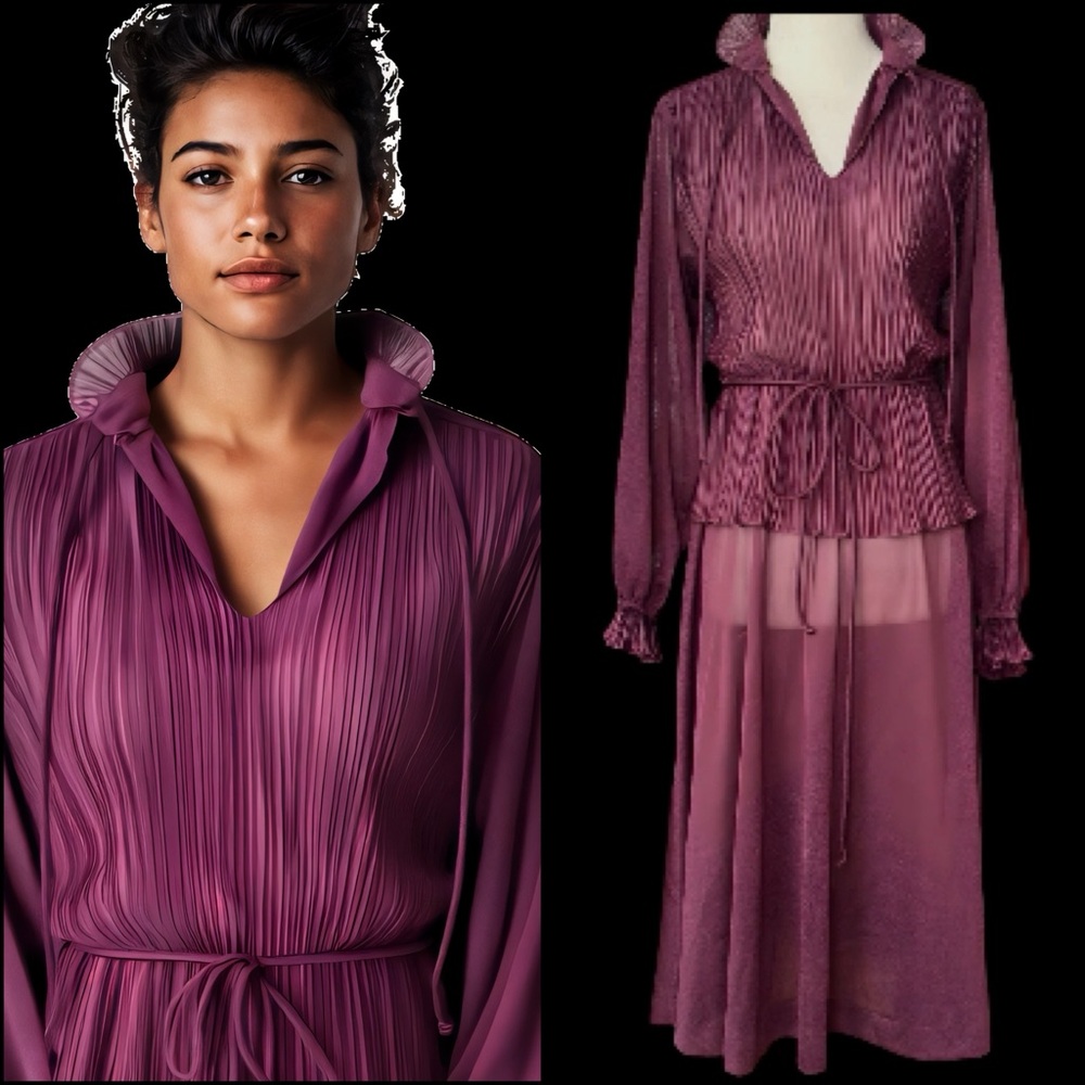 Vtg 70s Discovery Fashions Dress Womens 10 Purple Sheer Knife Pleats Fairy Flowy